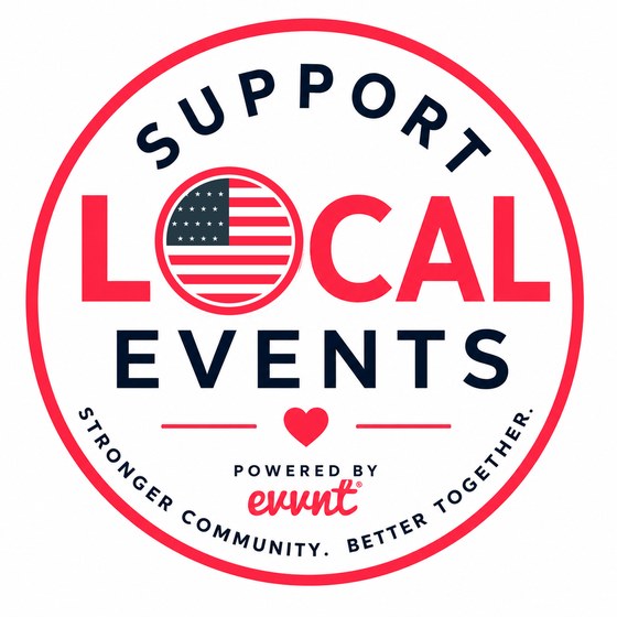 Support Local Events badge with US flag: Stronger Community. Better Together. Powered by Evvnt